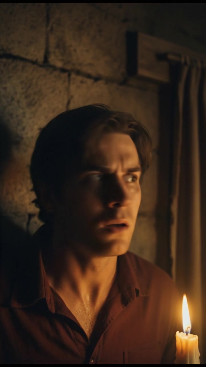 A close-up of David's face, looking startled at a creaking sound.