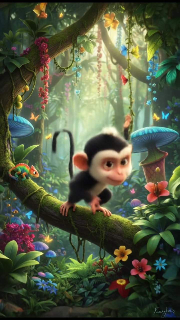 Monkey playing joyfully on a branch in a lush green jungle filled with colorful plants and flowers.