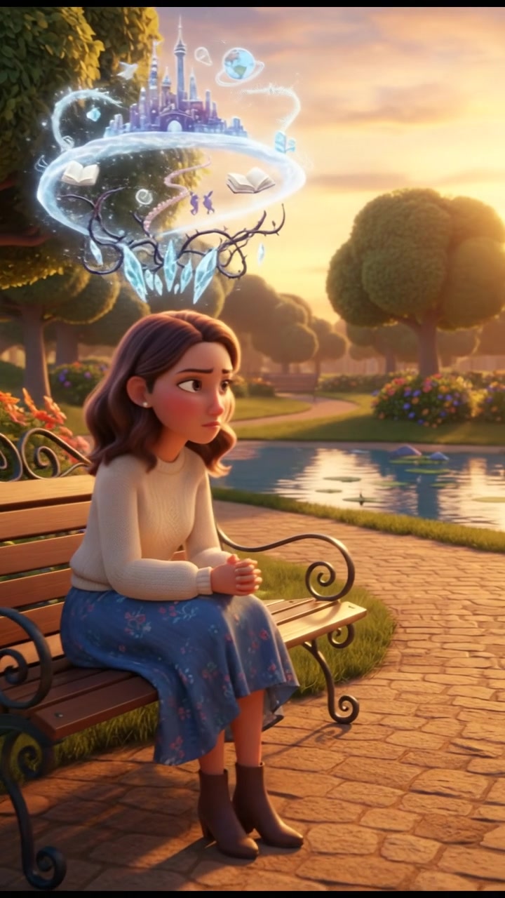 A thoughtful Laila sitting on a park bench, pondering her dreams and challenges.