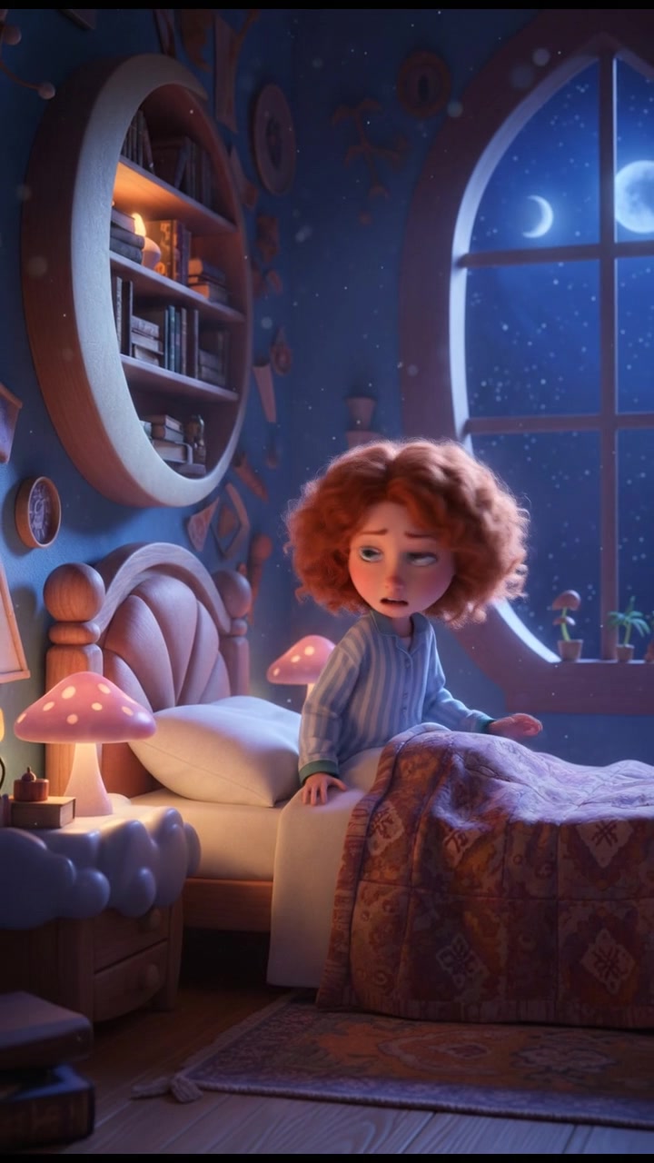 Rina sits up in bed, looking around the dimly lit room with a concerned expression.