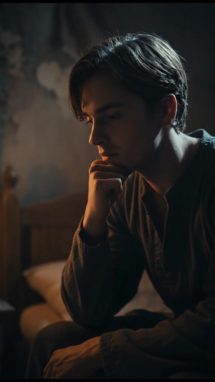 Rafi sitting on a bed in a small, dimly lit room, looking contemplative.