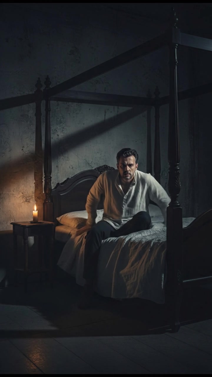 Raka sits up in his bed, looking restless and anxious, while the room is dark.