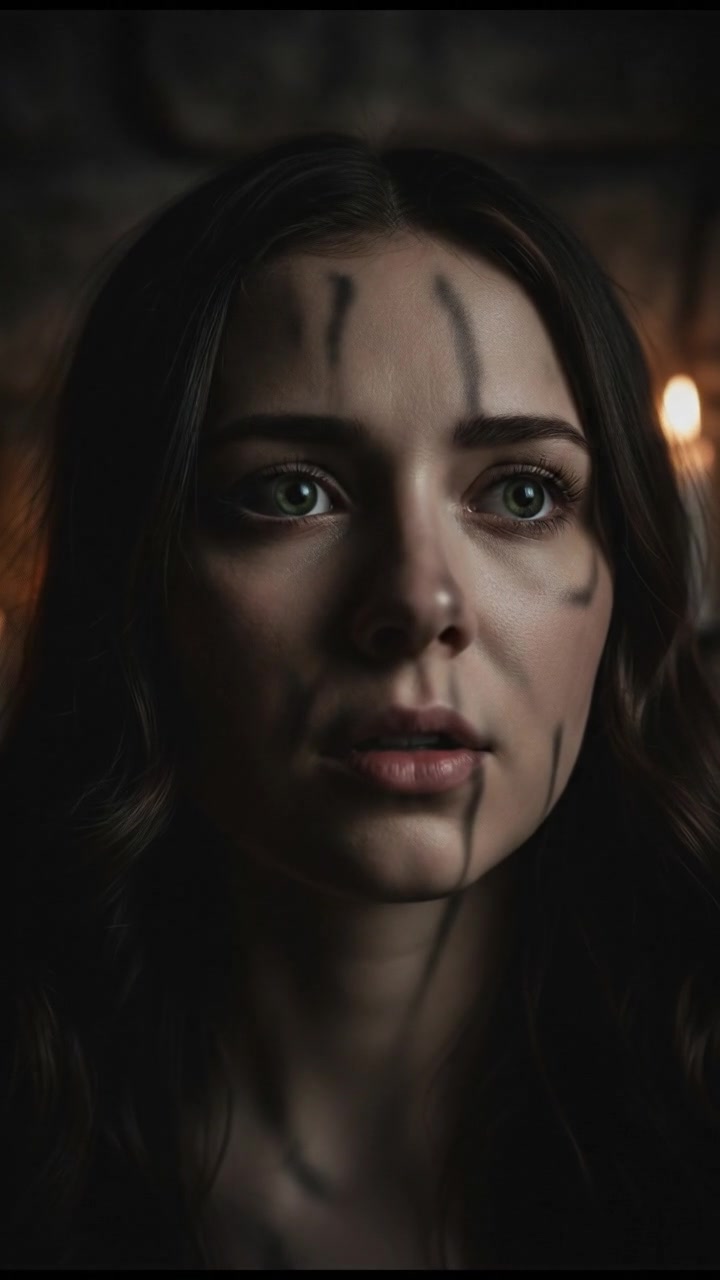 A close-up of Mckinley Newton's face, her green eyes wide open, staring into the distance.