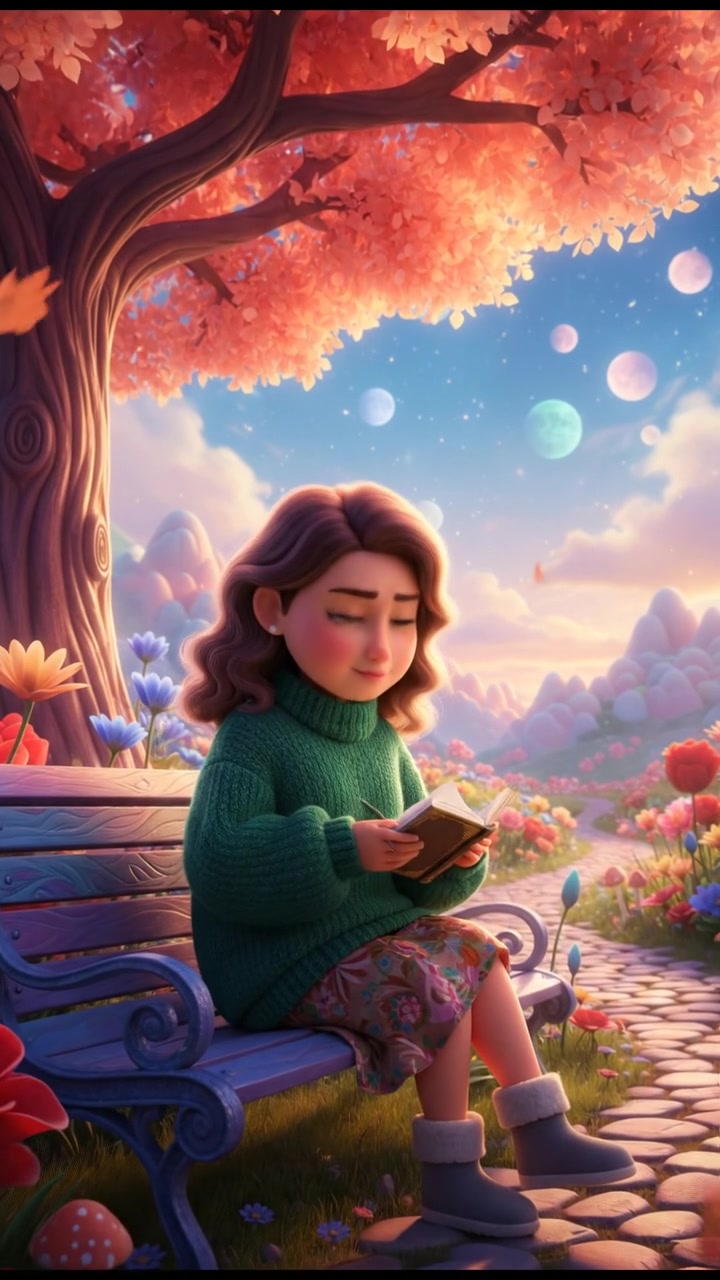 Asiya sitting on a park bench, looking contemplative while holding a small notebook in her hands.