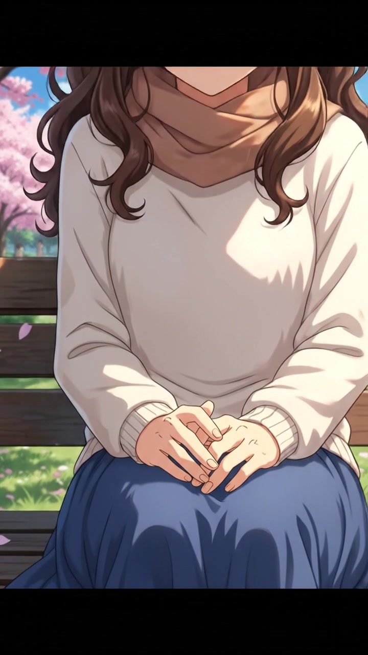 You sitting on a bench in the park, looking at her hands while contemplating her thoughts.