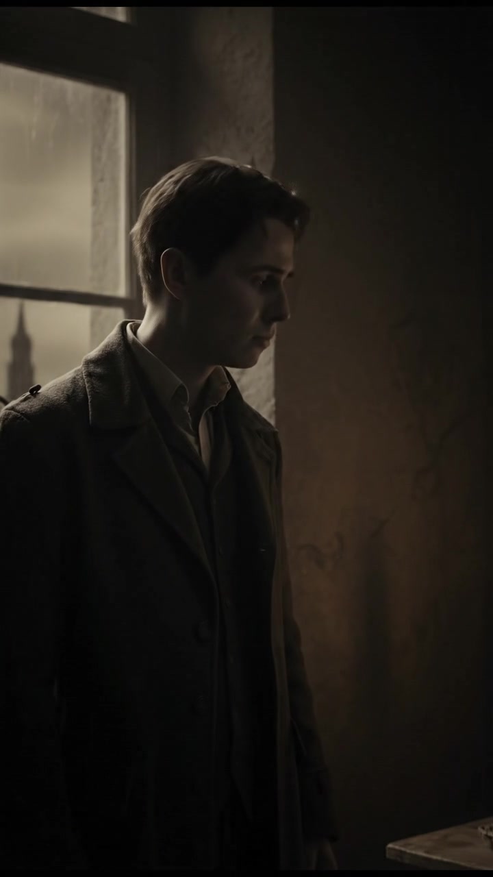 Victor standing by the window, looking out with a defeated expression.