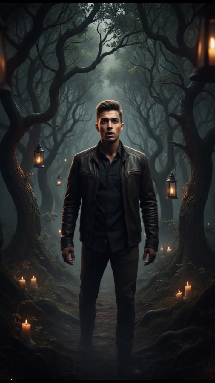 Amir stands in a dimly lit forest, looking amazed and bewildered.