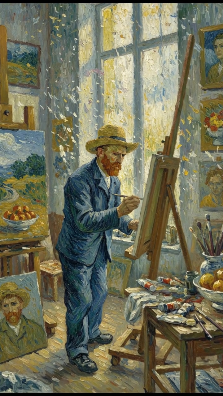 An art studio filled with various artworks, with Vincent Van Gogh painting with concentration.