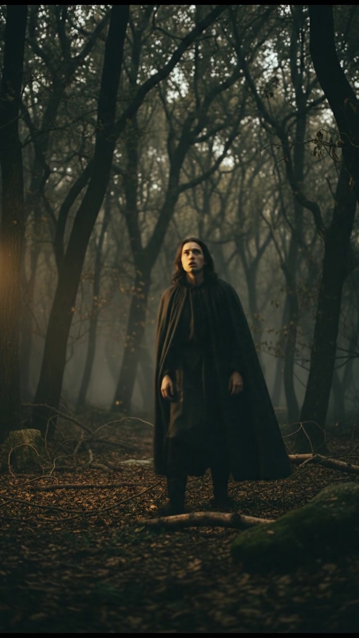 Arka looks slightly tense, standing in the eerie quiet of the forest.