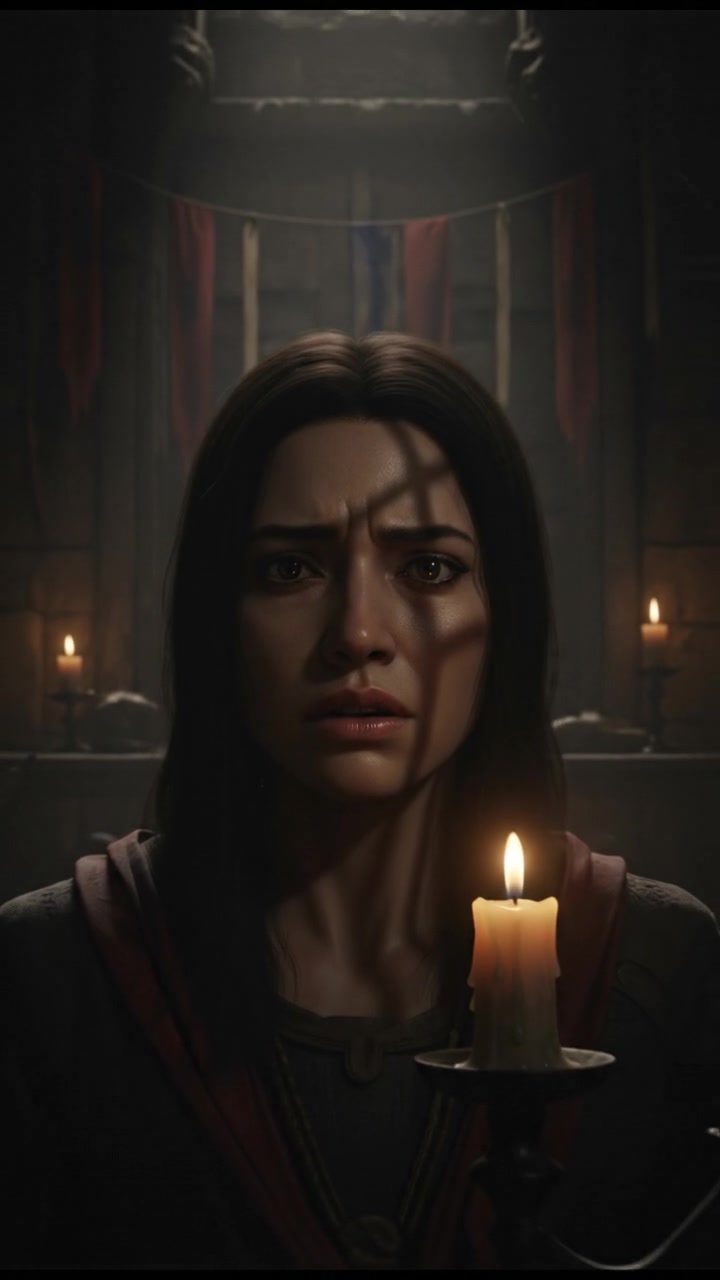 A close-up of Indra's worried face, with shadows across the room adding a mysterious atmosphere.