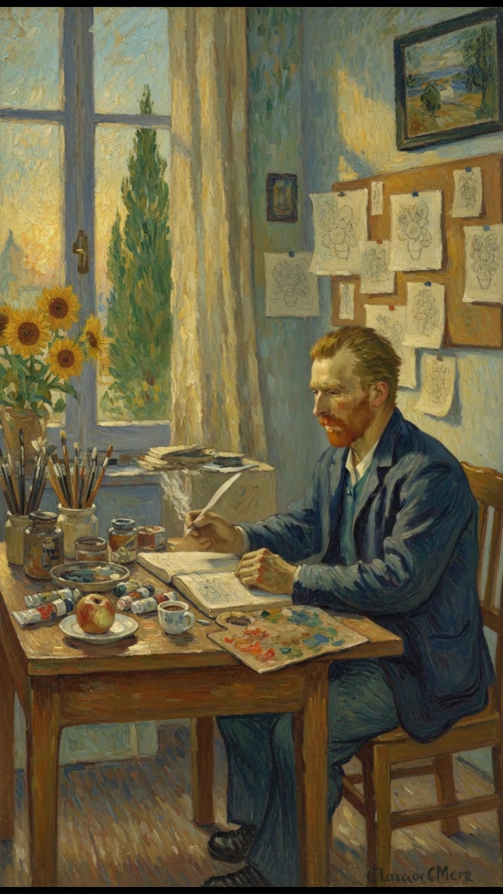 Vincent Van Gogh sitting at a desk, writing in a journal, surrounded by sketches and art supplies.