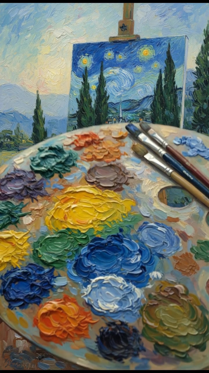 A close-up of Van Gogh's paint-covered palette, revealing vibrant colors, with a canvas in the background.
