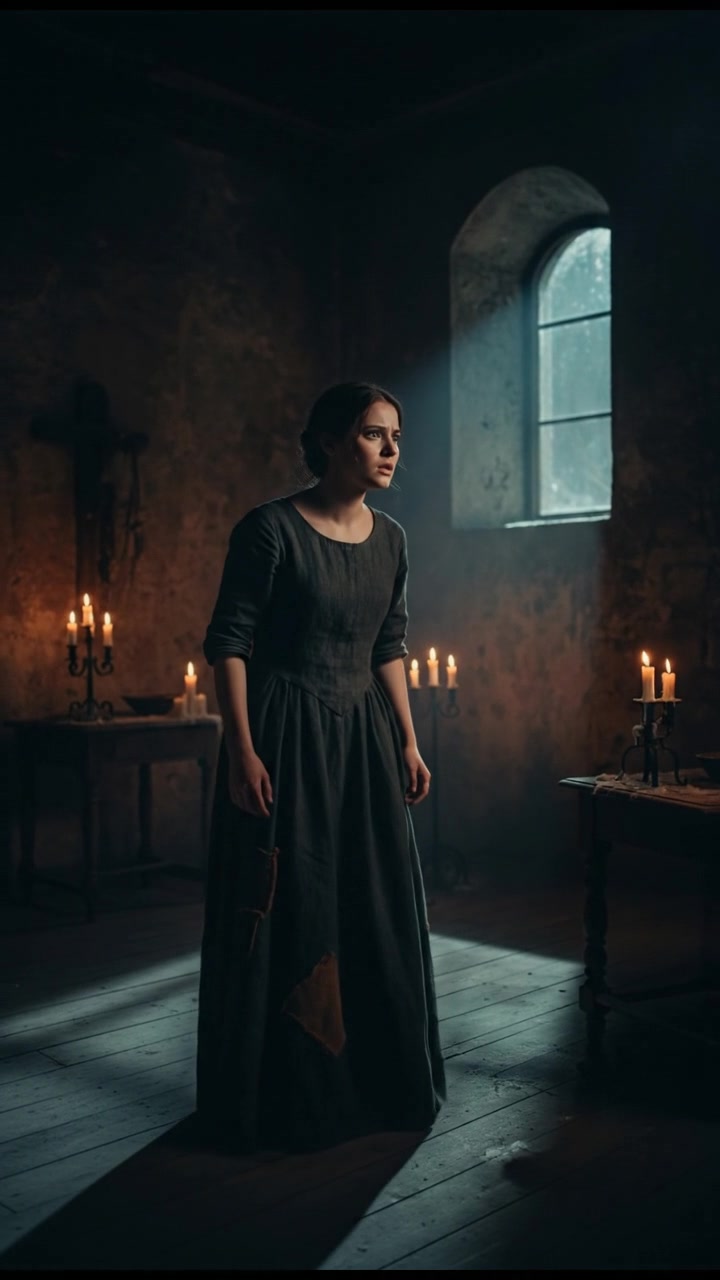 Rina stands in a dimly lit room, looking anxiously towards a shadowy corner, her expression tense.