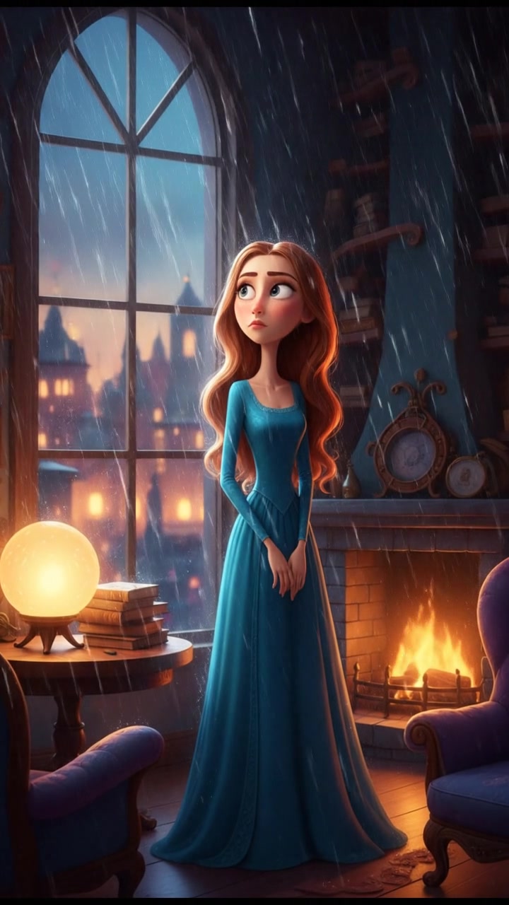 Dira stands in a dimly lit room, looking pensive, with rain pouring down the window behind her.