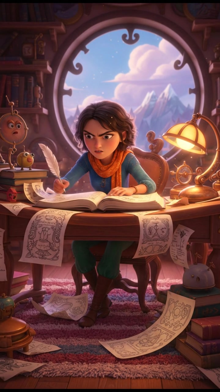 Arini at a desk, focused and writing intently, with pages of her work scattered around.