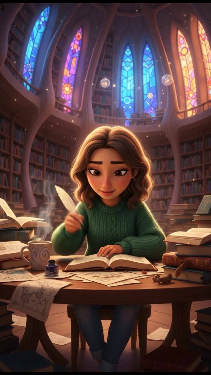 Character 1 sitting alone at a table, surrounded by books, deep in study.