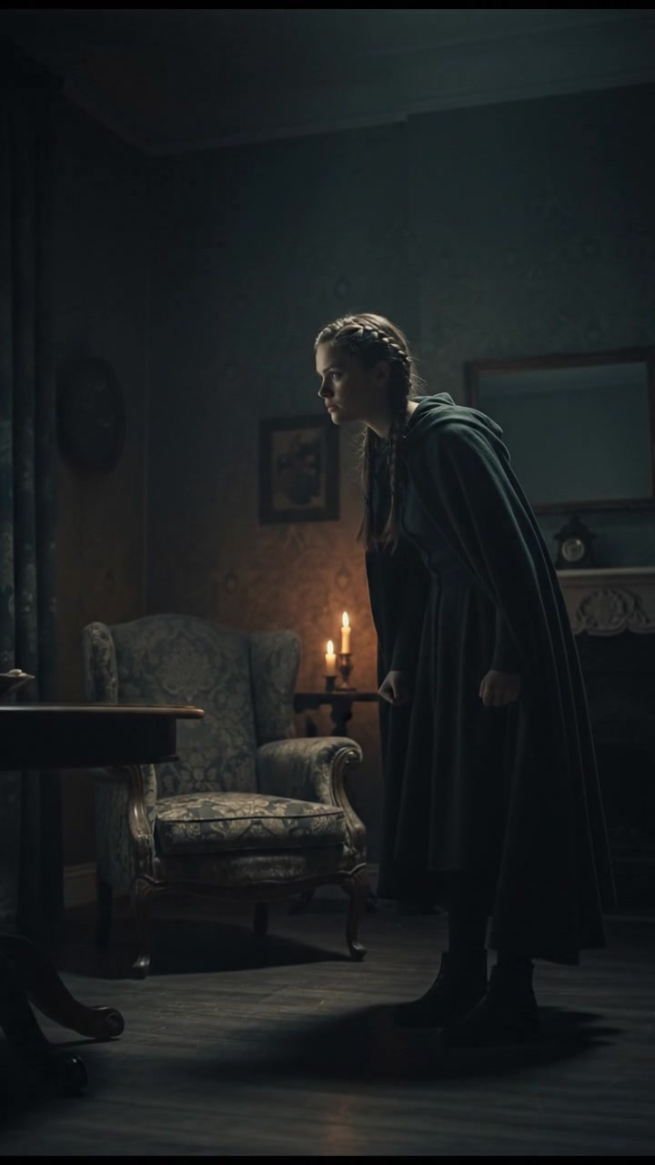 Andi stands alone in the dimly lit living room, peering into the shadows, looking determined.