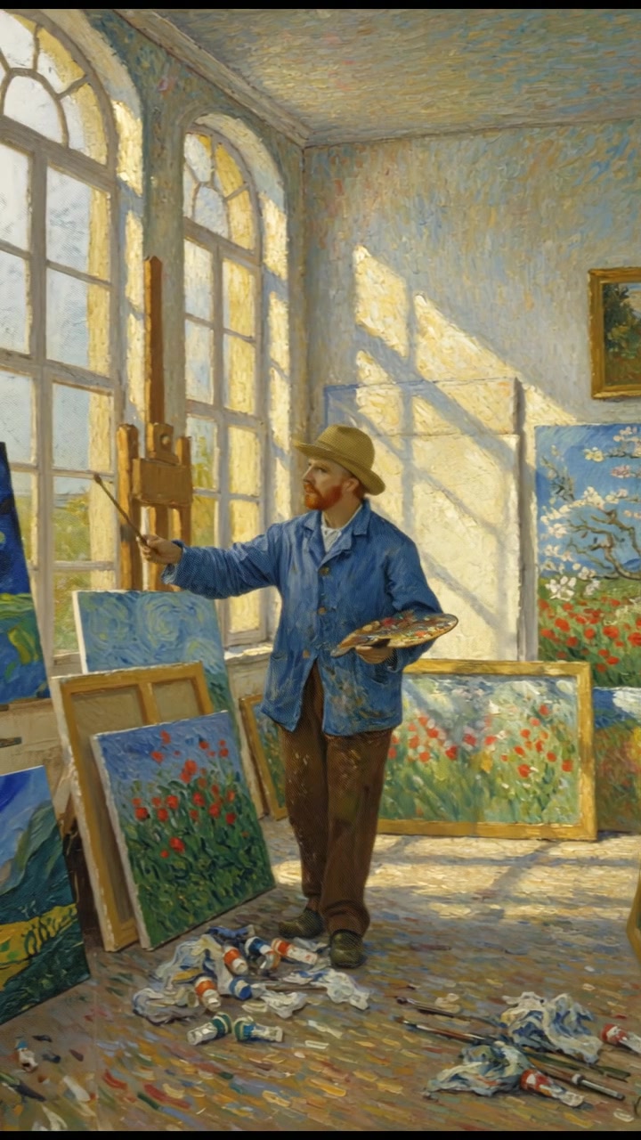 Vincent Van Gogh standing in a sunlit art studio, surrounded by paintings of vibrant landscapes.