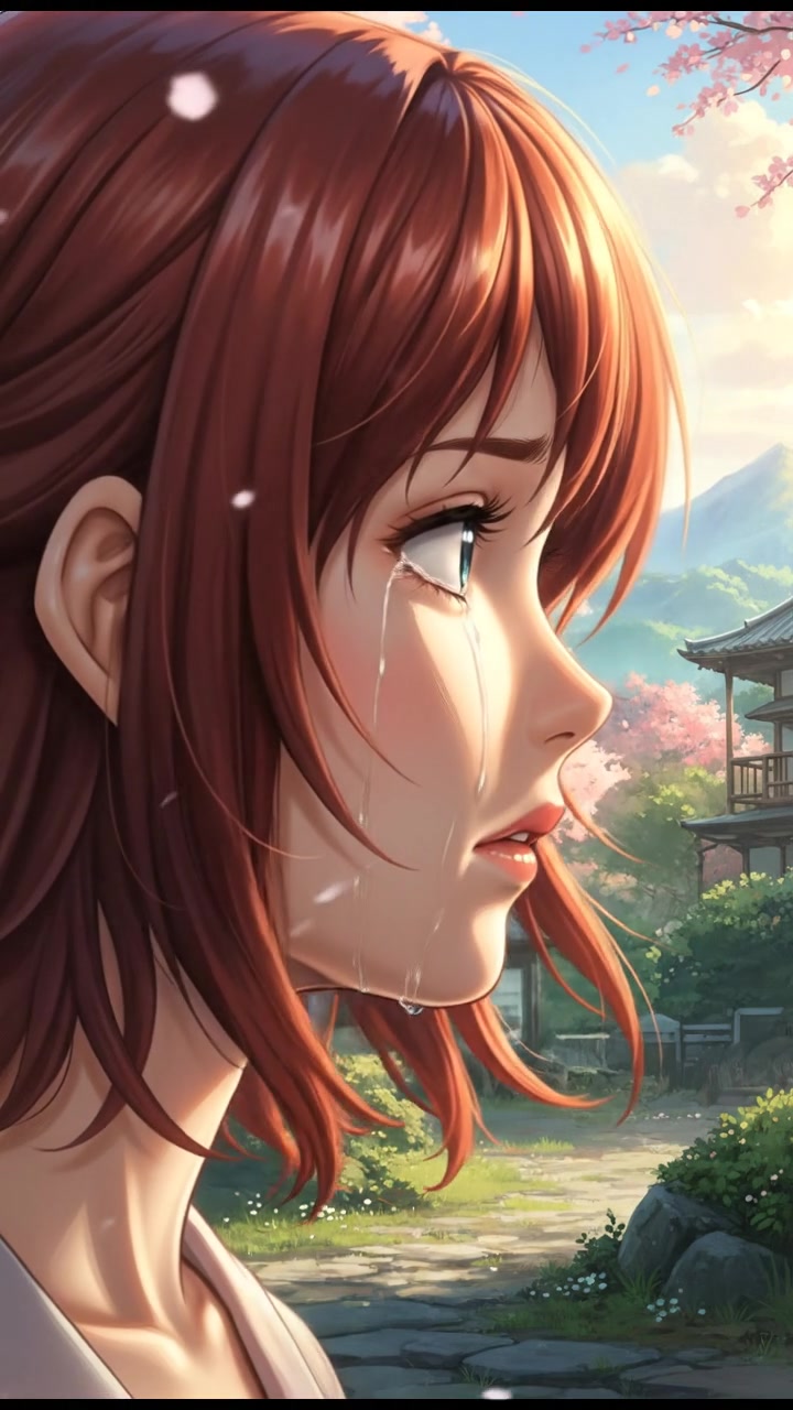A close-up of Ani's face, tears welling in her eyes while she looks away.