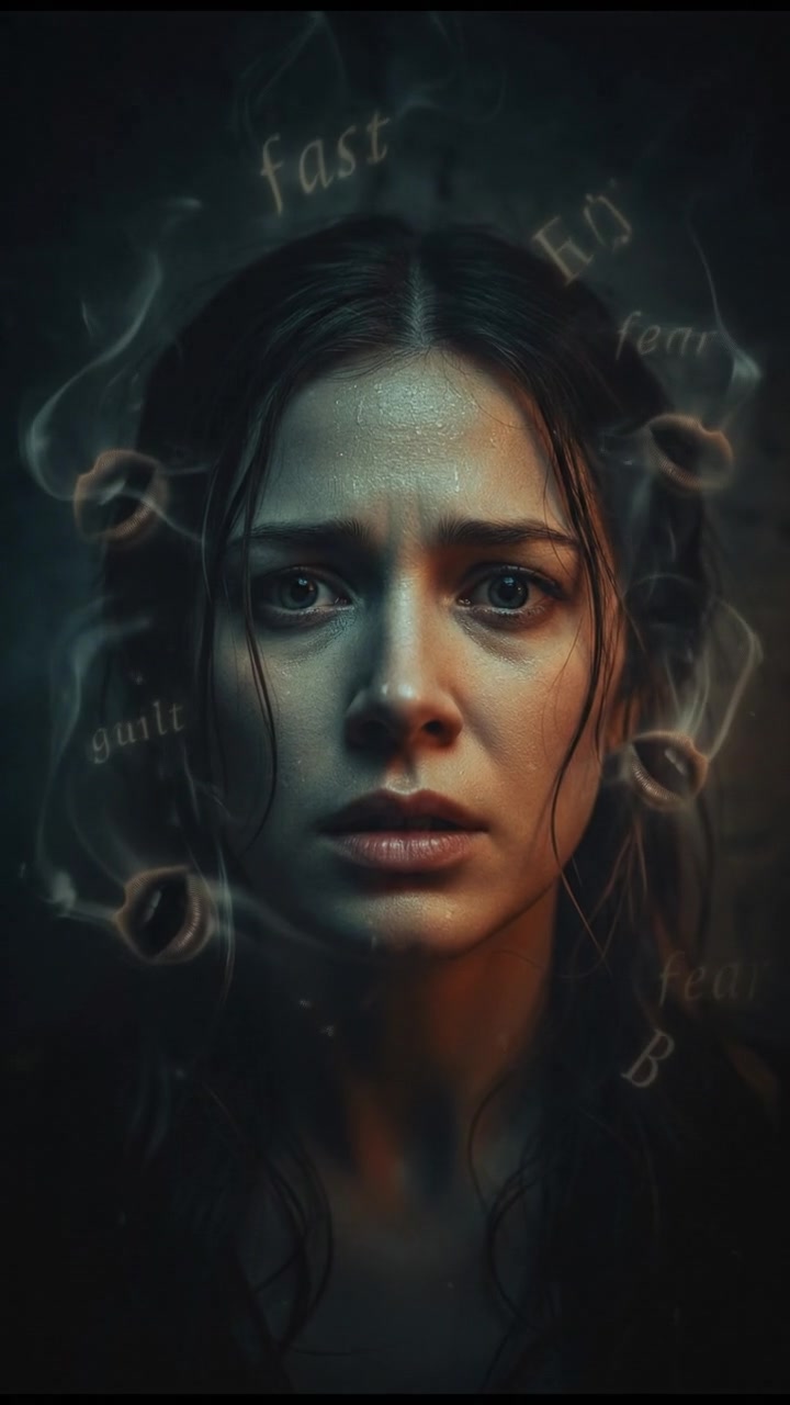 Close-up of Sarah's anxious face, with echoes of whispers in the air.