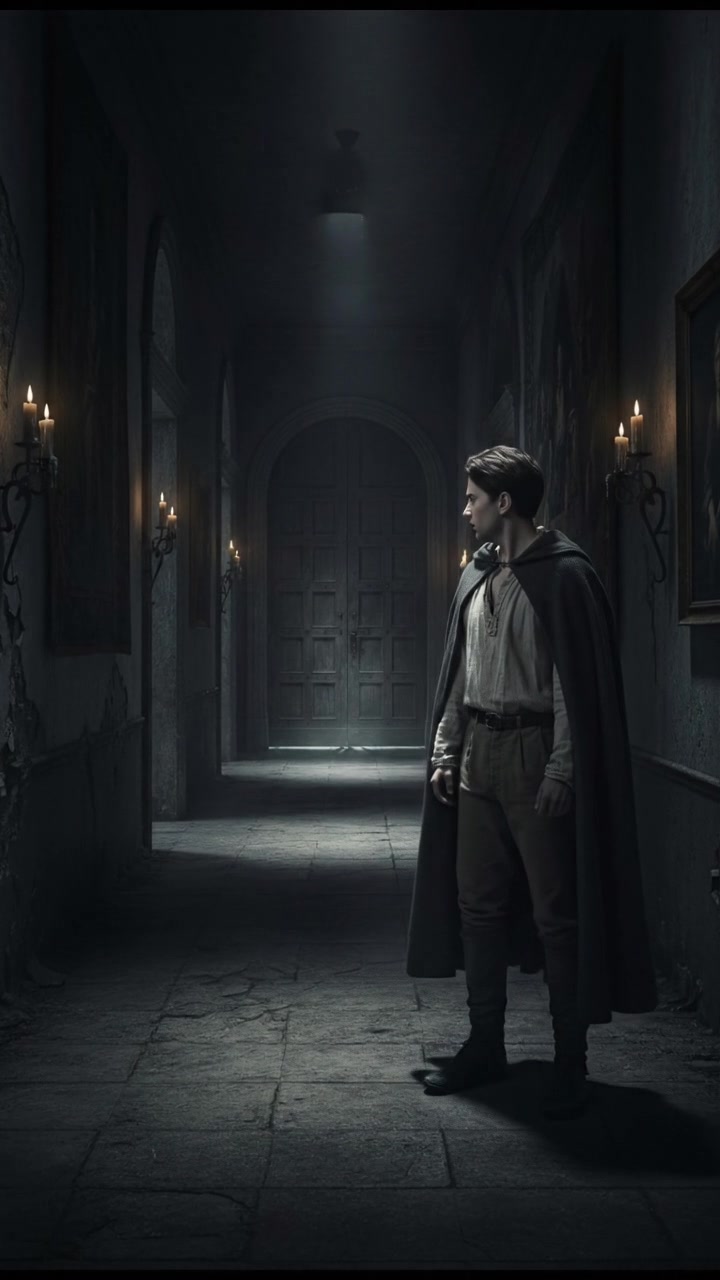 Alex standing in the hallway with uncertainty, glancing towards the door.