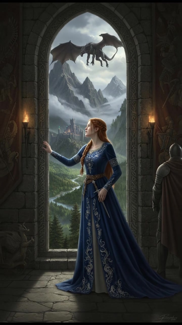 Anya standing by a window, gazing out with a dreamy expression on her face.