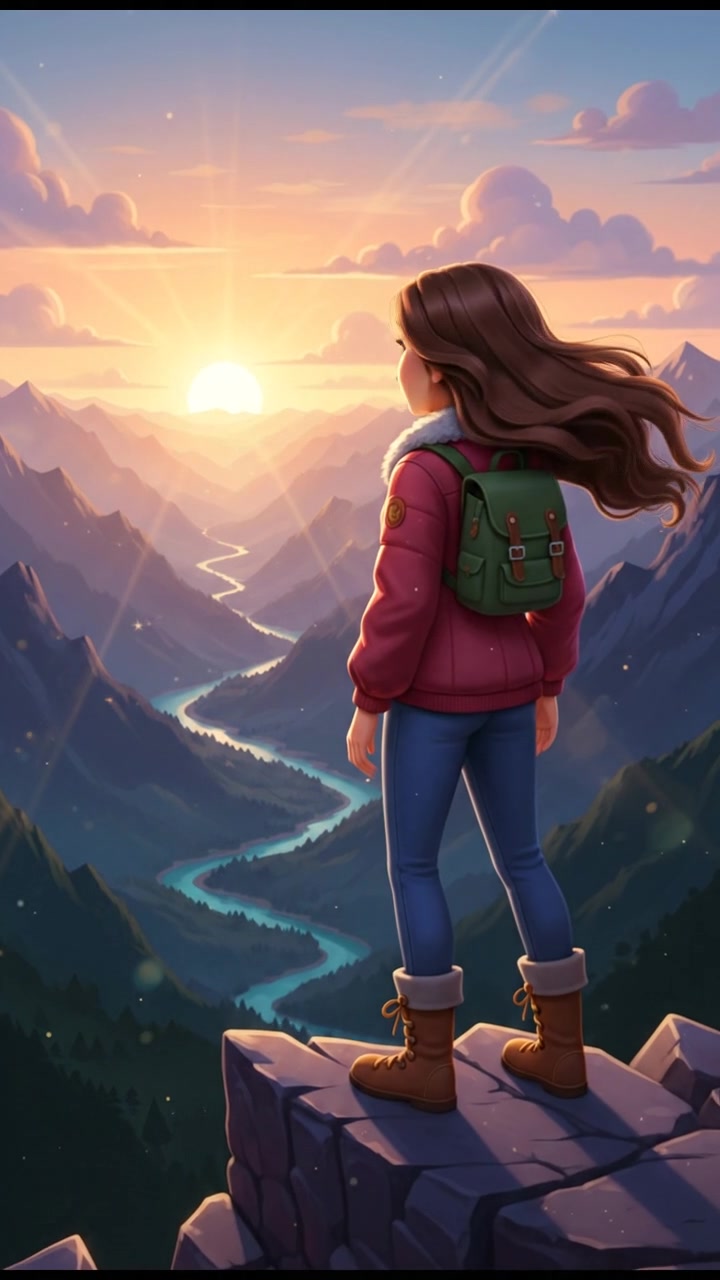 Maya, standing on a mountain peak, looks determined as she gazes at the sunrise illuminating the valley.