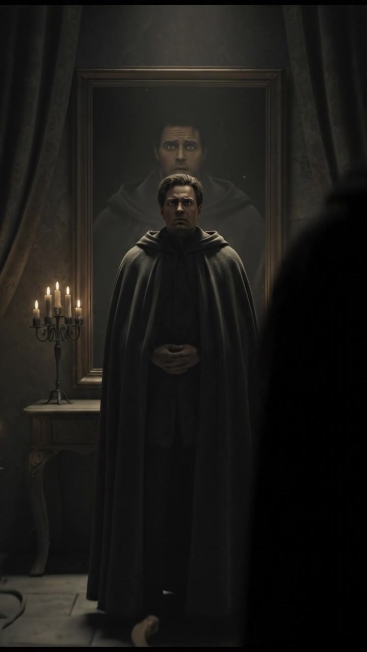 You standing still, looking into the mirror with a puzzled expression.