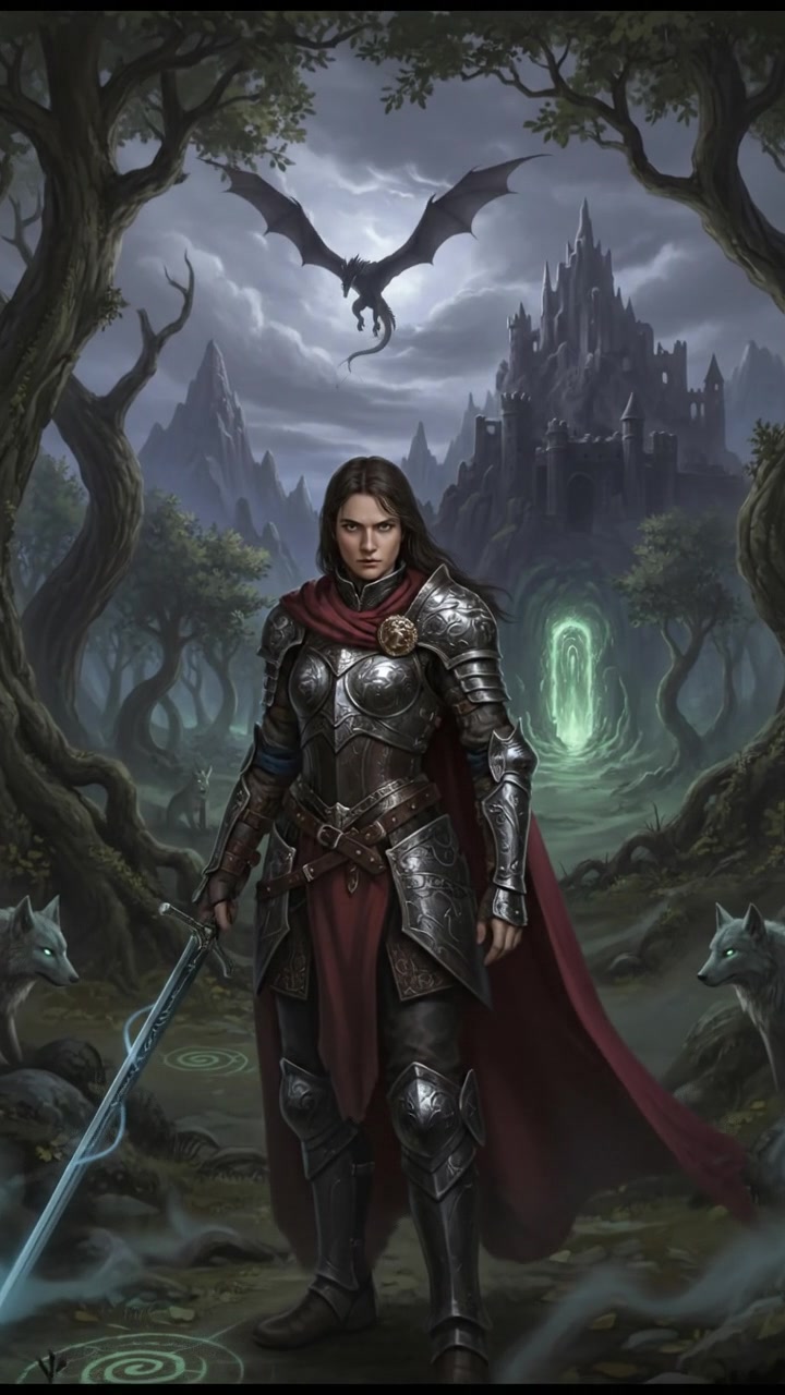 Dika looking determined, standing in the forest clearing, with ominous trees around.