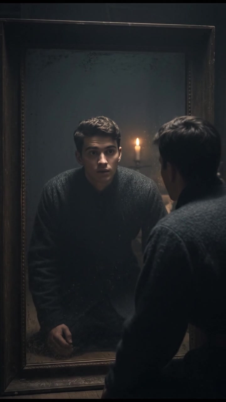 Amit gazing intently into the old mirror, his expression curious as he stands in front of it.