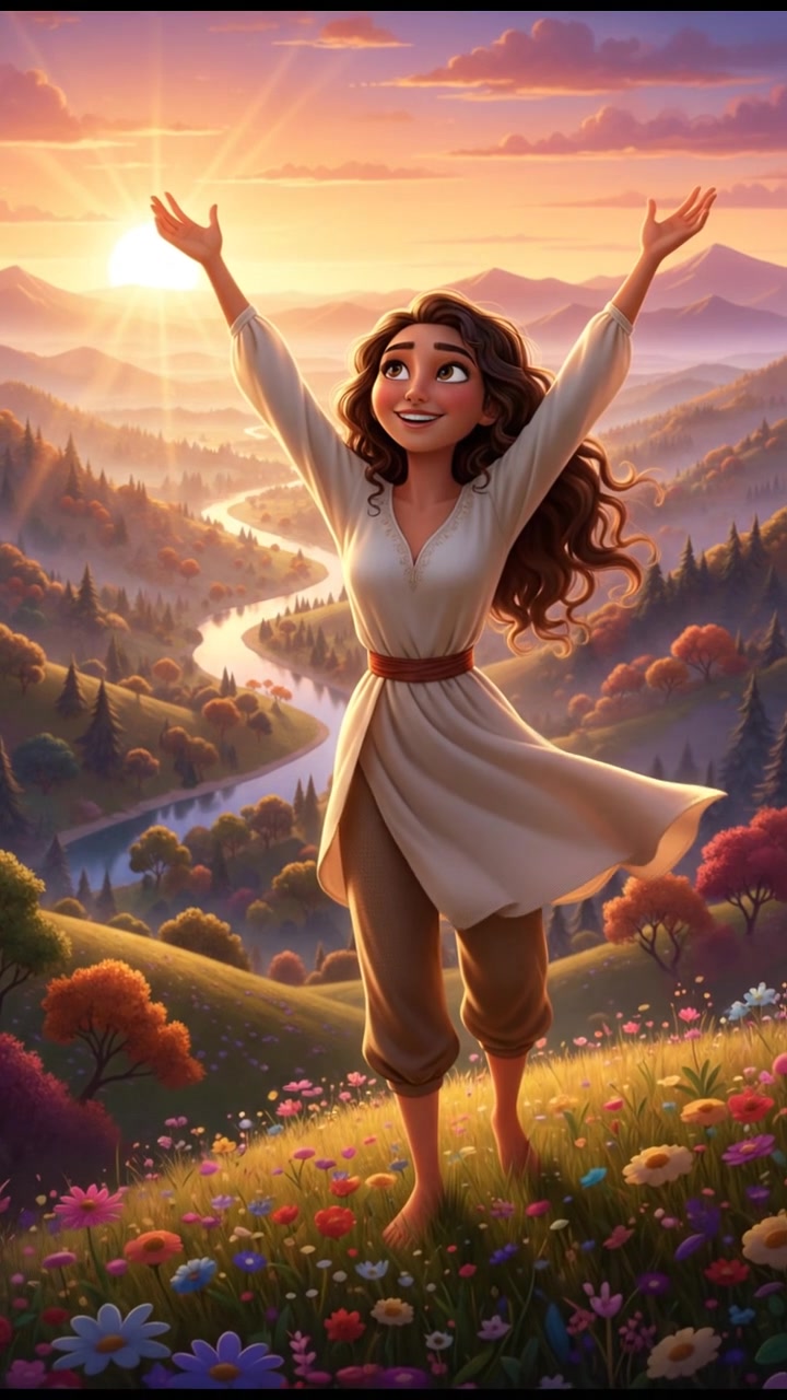 Maya standing on a hilltop at sunrise, looking out over a valley, with her arms raised.