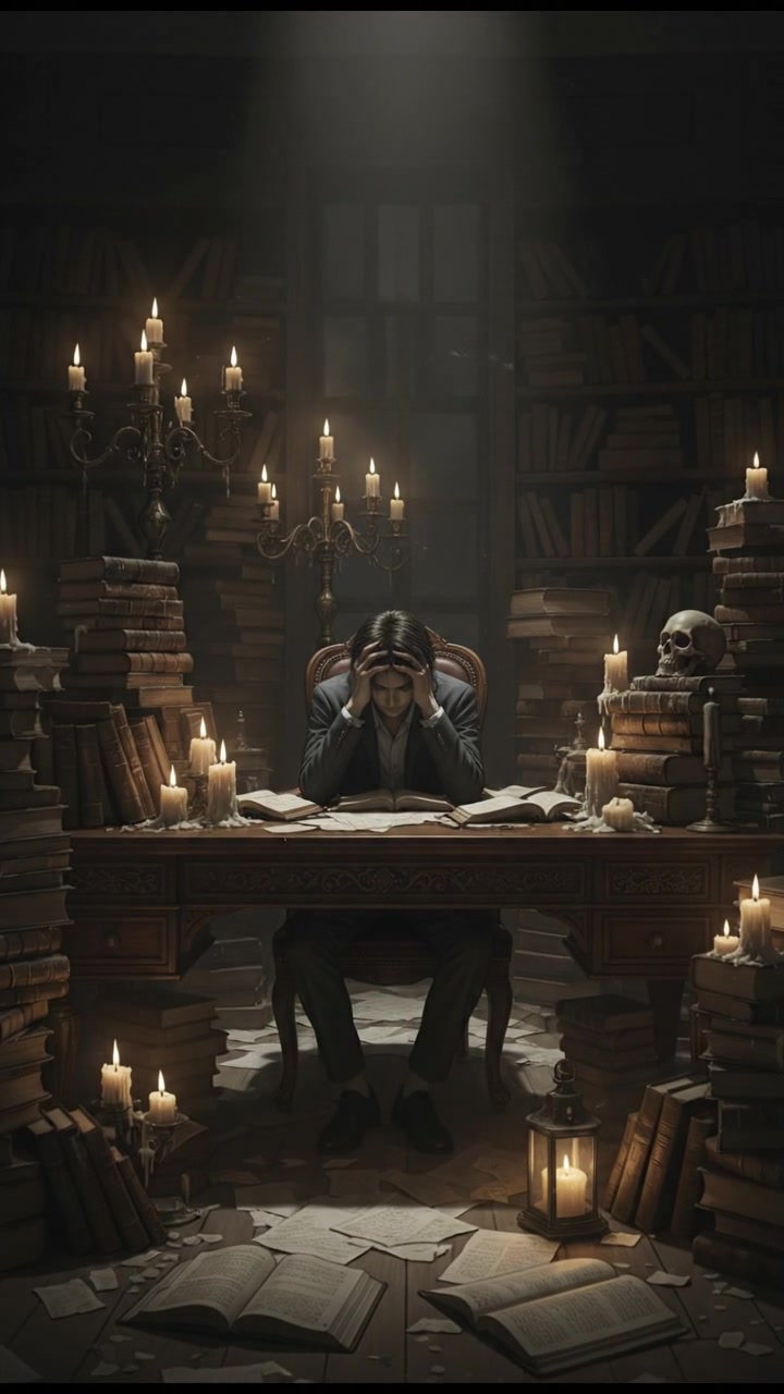 Kai sitting at his desk looking distressed, surrounded by books and papers.