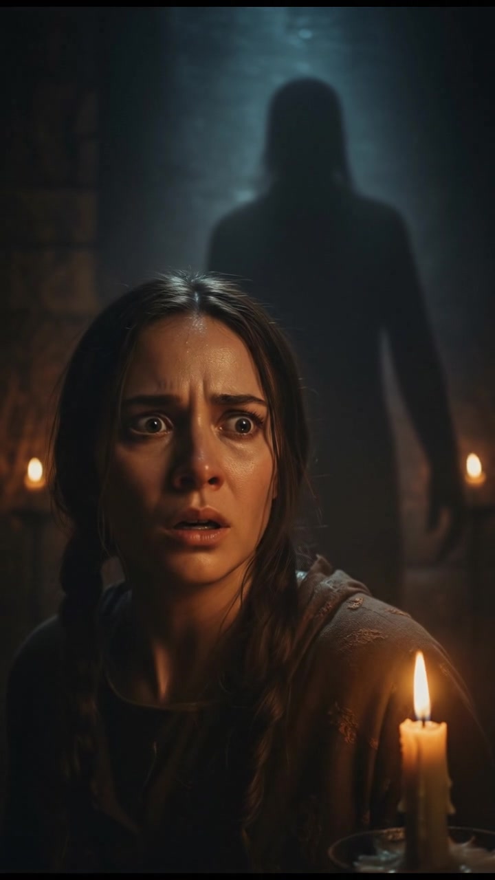 A close-up of Sari's panicked expression, realizing the presence behind her.