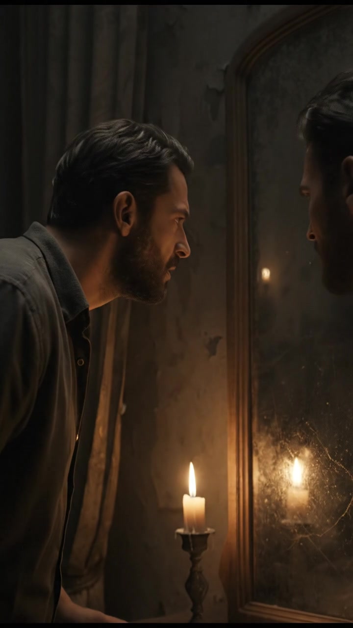 Salim standing in front of a mirror with a frown, questioning his reflection with uncertainty.
