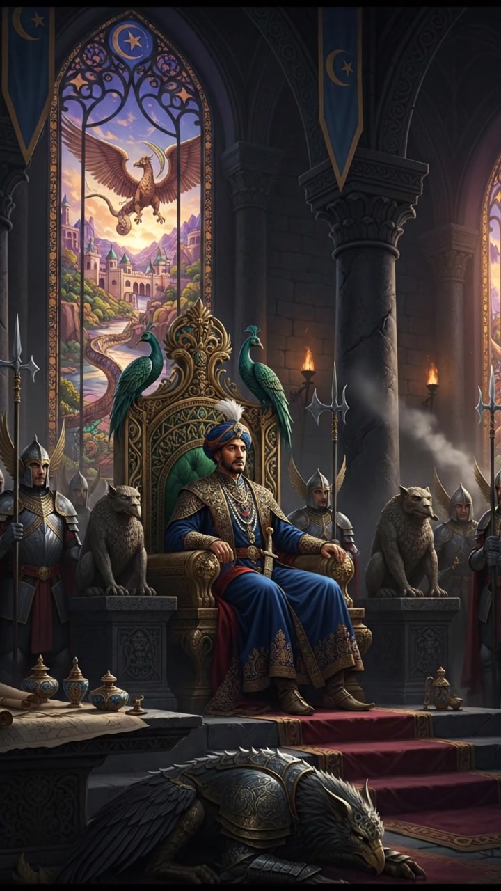 A majestic throne room with Shah Jahan sitting on his throne, wearing royal attire, looking thoughtfully.