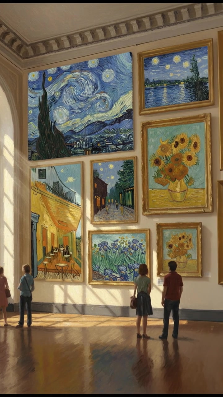 A montage of Vincent Van Gogh's paintings displayed on a gallery wall.