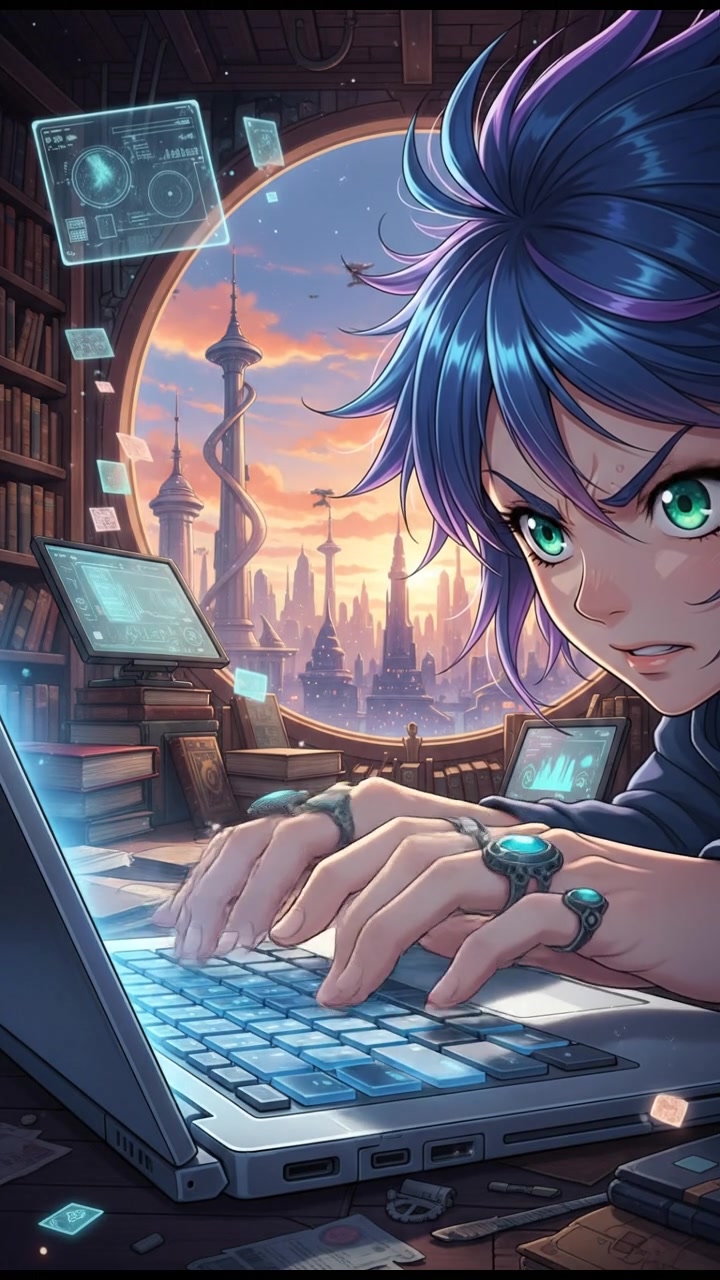 Close-up of Ada Carthage's hands typing rapidly on a laptop keyboard.