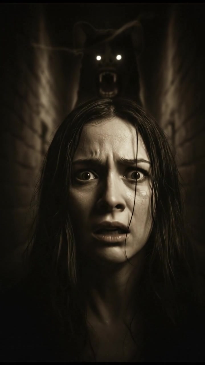 A close-up of Rina's frightened expression as she hears the breathing behind her.