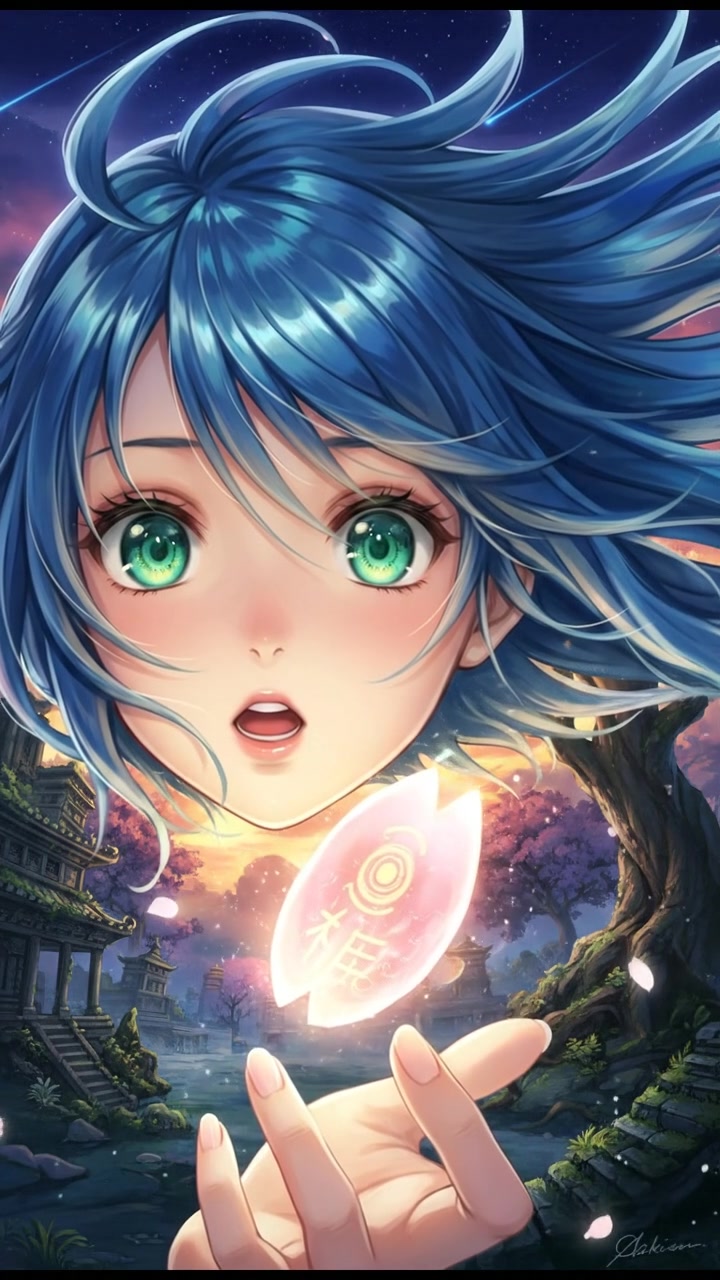 A close-up of Akari's face illuminated by the light from the petal.