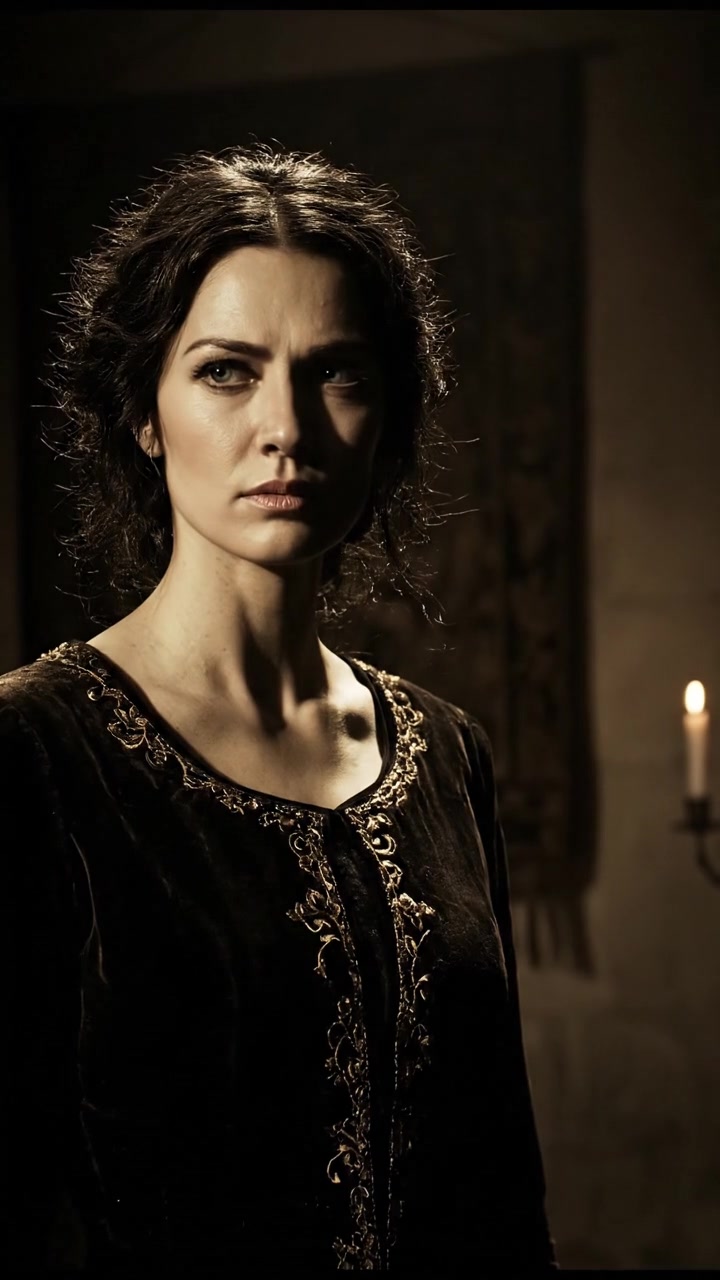 Rina stands alone in a dimly lit room, her expression serious, with shadows dancing on the walls.