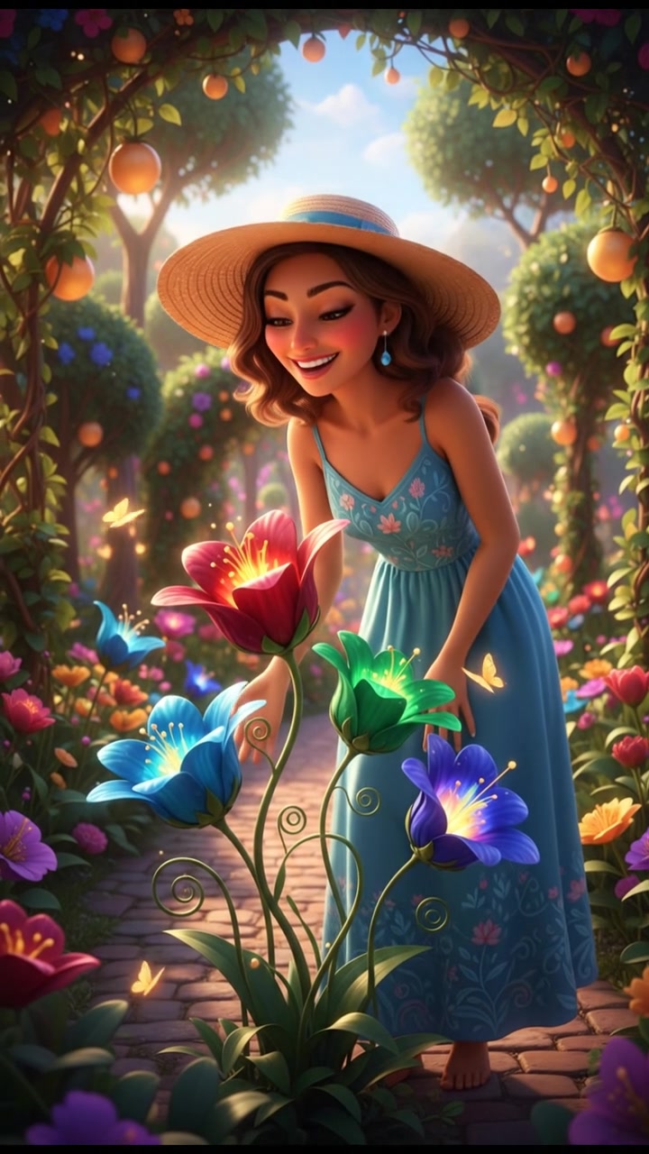 The Laila smiling brightly while gazing at blooming flowers in her garden.
