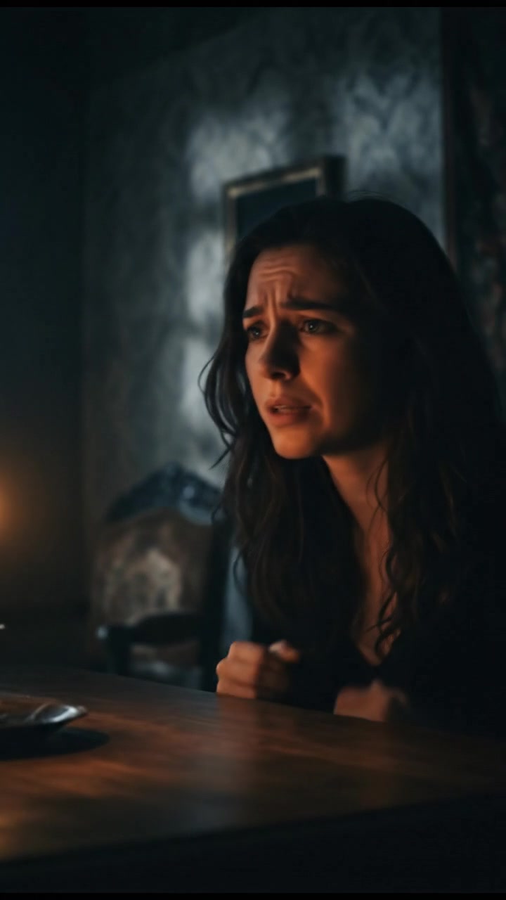 Close-up shot of Rina whispering nervously, her eyes darting around the room.