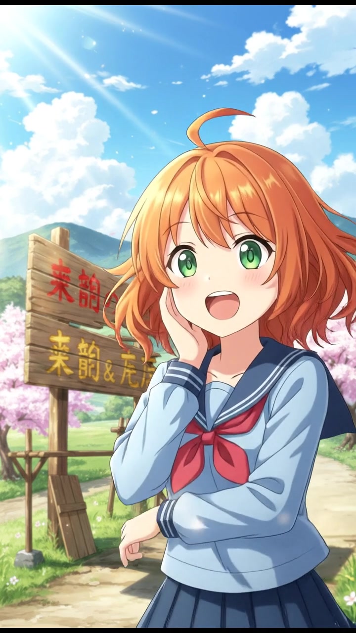Akari stands in front of the repaired sign, looking surprised and smiling, with a bright sunny background.