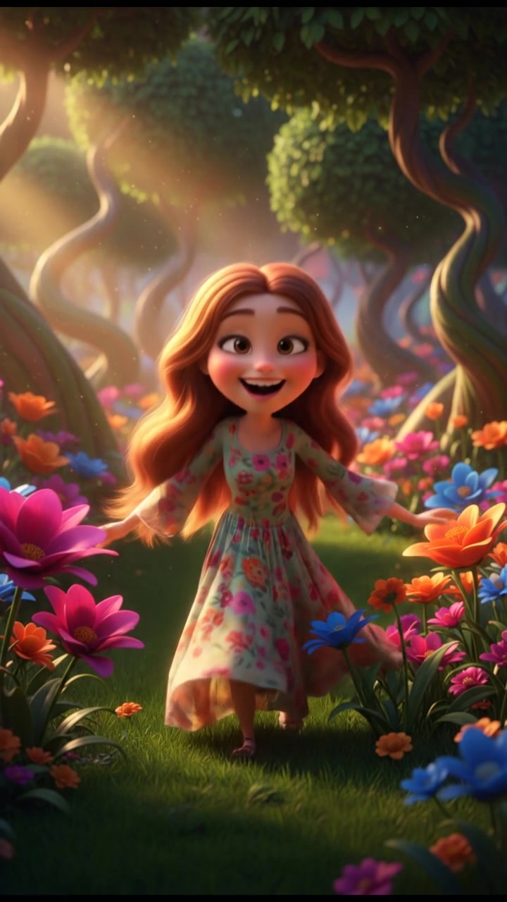 'You' smiling broadly in a sunlit park, with plants blooming around her.