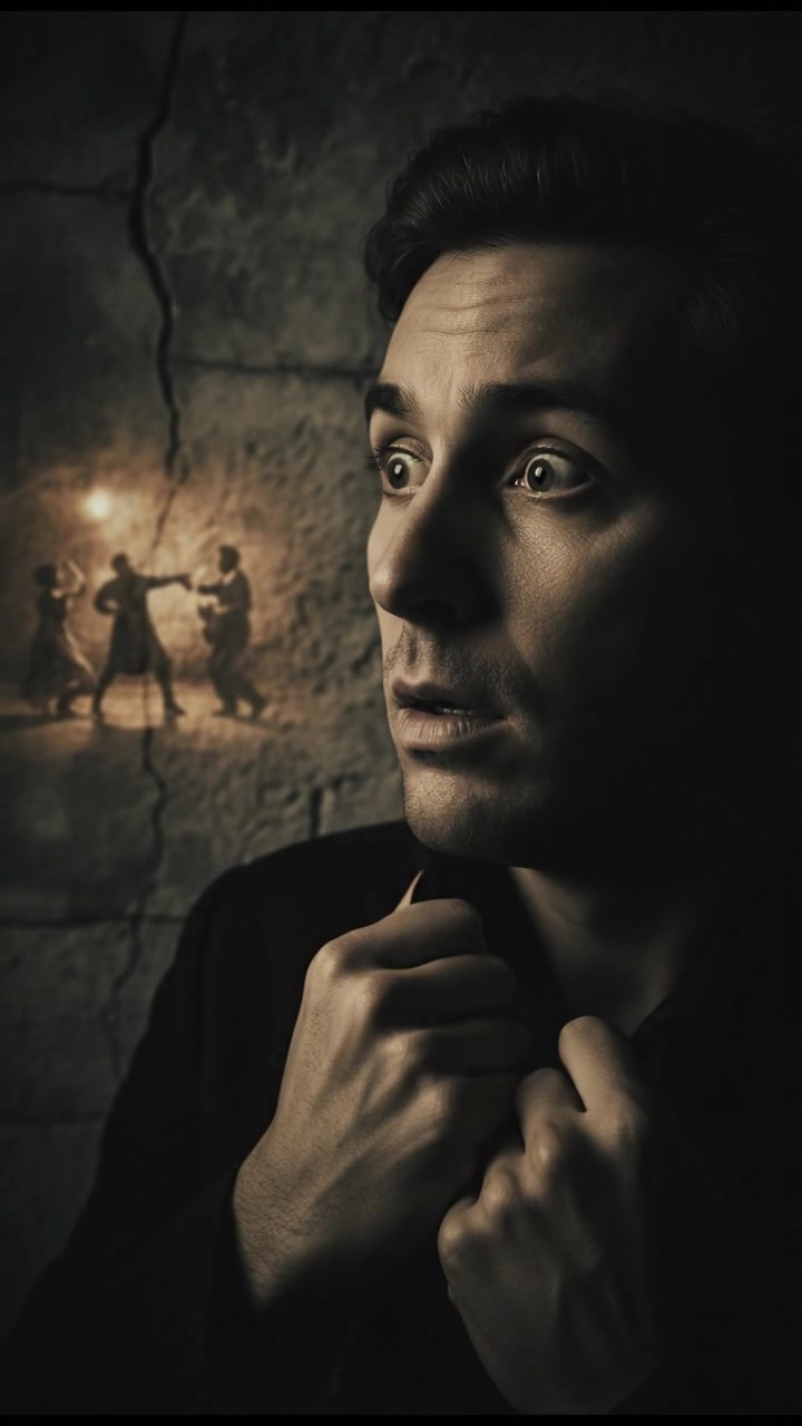 A close-up of Dito's surprised face as he hears distant laughter and music.