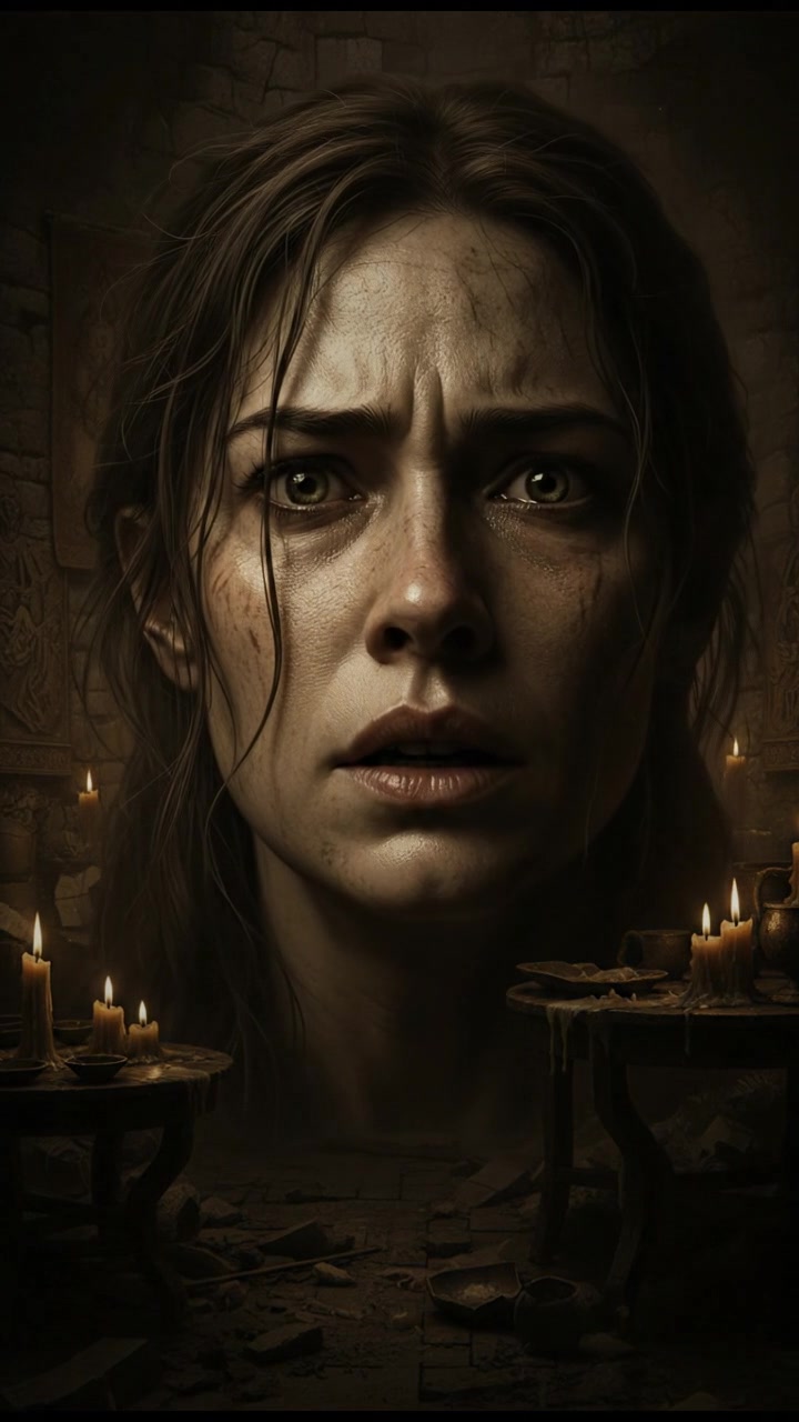 Close-up of Sarah's worried face, fearful of the mysterious surroundings.