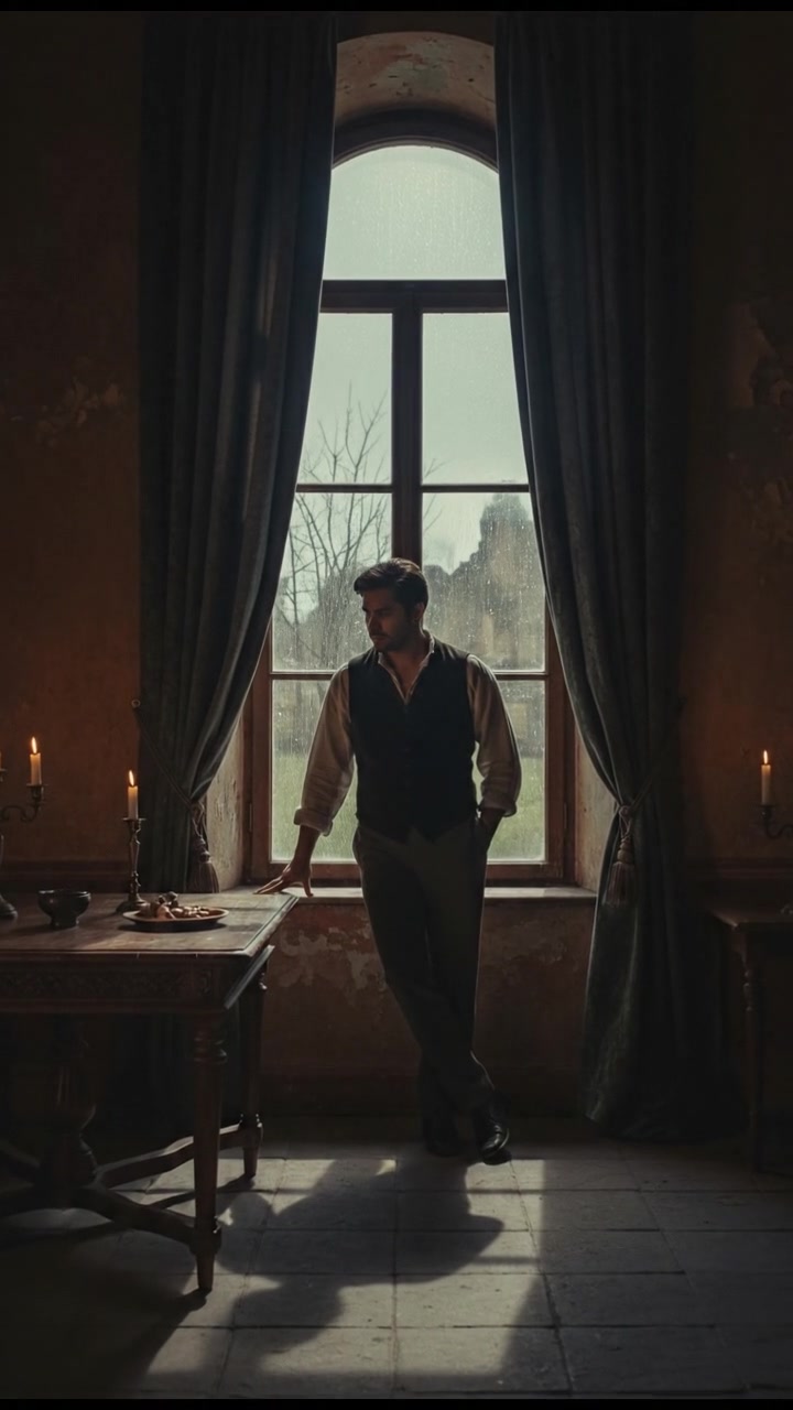 Raghav stands in a dimly lit room, looking thoughtfully out of a window with rain falling.