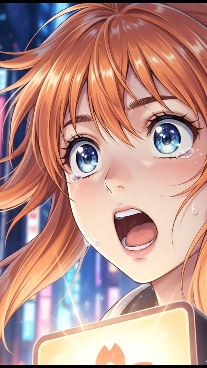 A close-up of Akari's face, showing her astonished expression as she looks at the fixed sign.