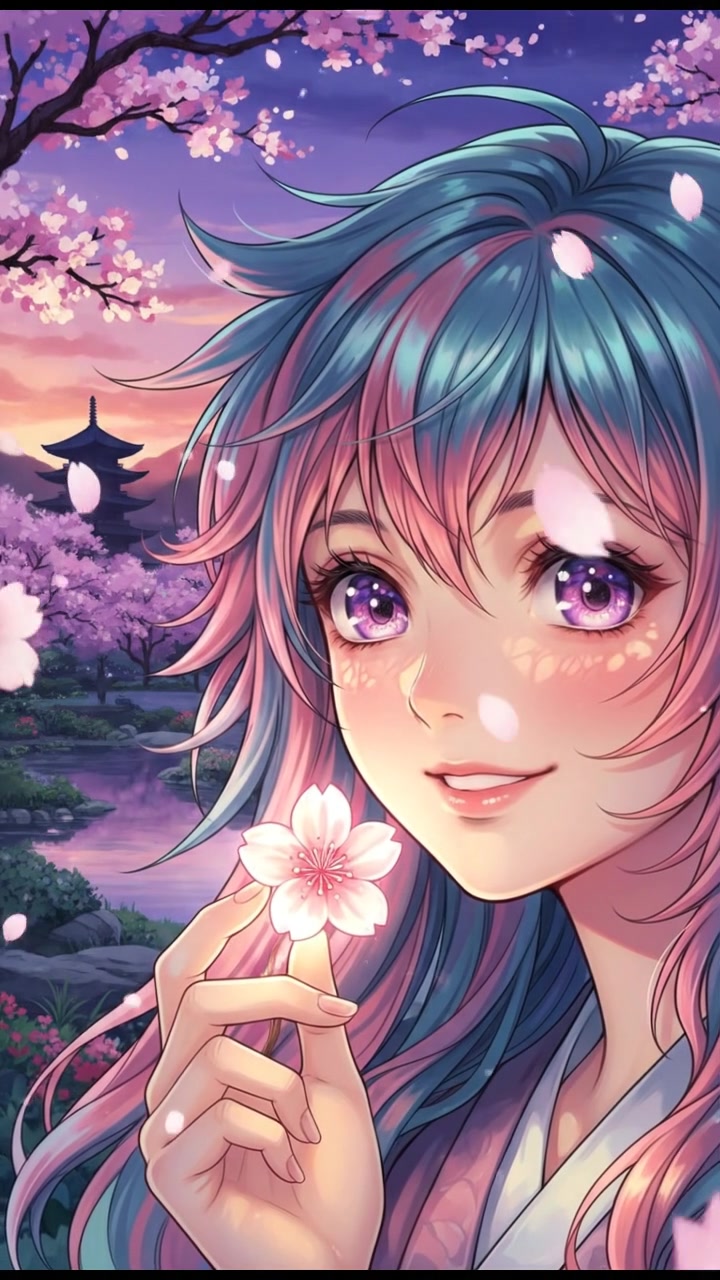 A close-up of Akari's face, illuminated by soft, glowing light emanating from a cherry blossom she touches.