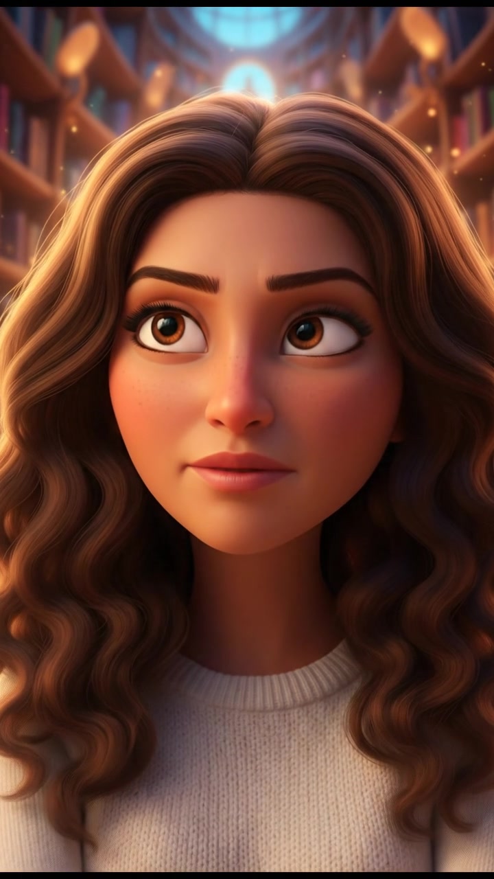 A close-up of the Narrator looking thoughtful, with her brown loose curls framing her face.